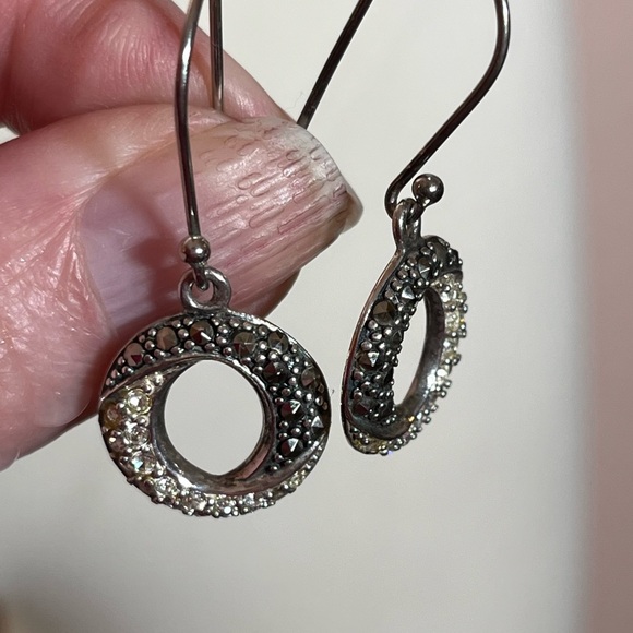 Vintage 1980's 90's sterling silver marcasite diamond art deco dangle earrings - Picture 10 of 16
